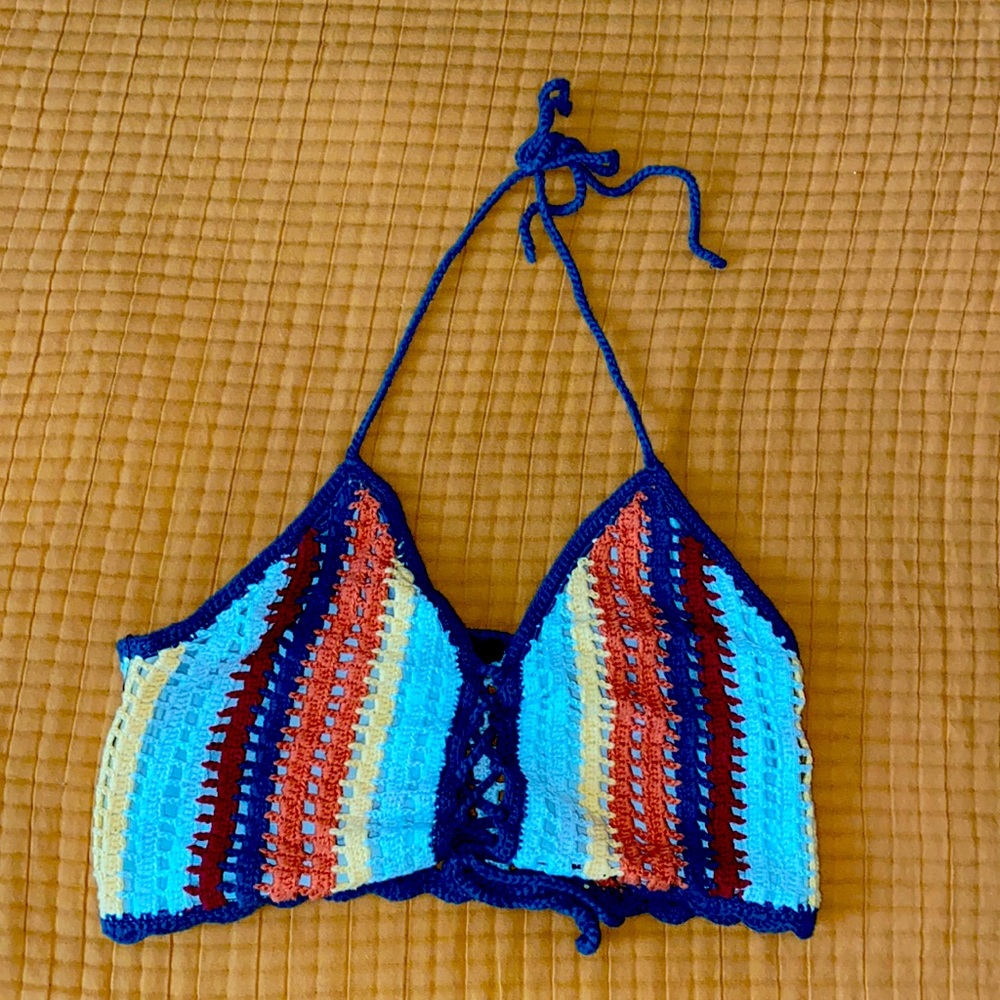 Crochet crop top, never been worn! Multicolored and perfect for Pride!